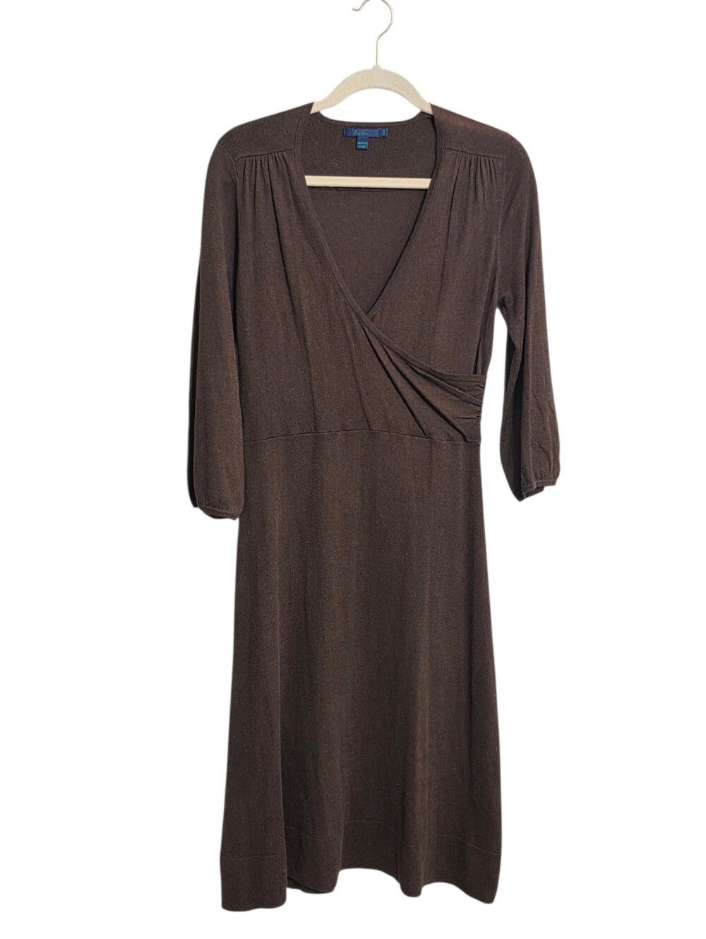Boden Brown Faux Wrap Knit Dress 14 Empire Waist Minimalist Quiet Luxury Capsule